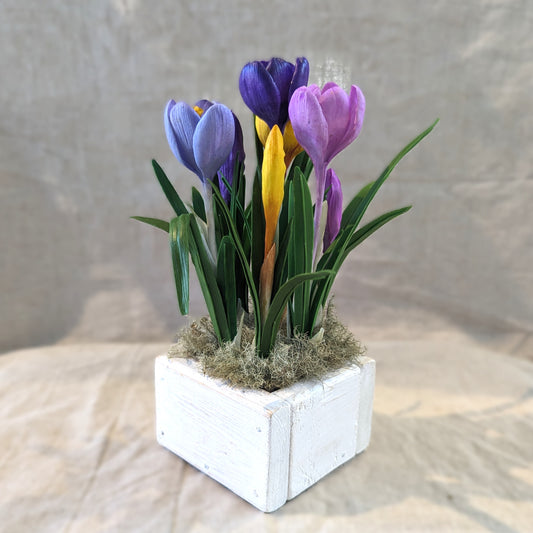 Chaba's Clay Flowers - Crocus Flowers in Wooden Pot